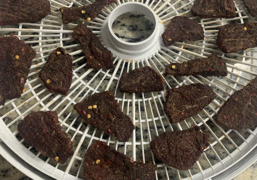 Darkened beef jerky pieces on a dehydrator tray