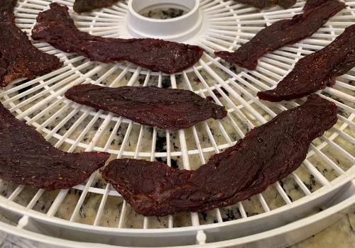 Dried beef strips with curled edges on a dehydrator tray