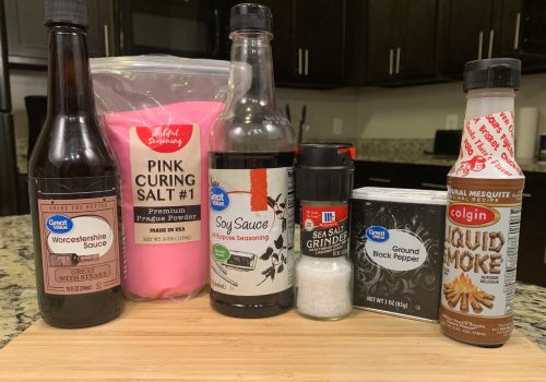Bottles and seasonings arranged for the basic jerky marinade