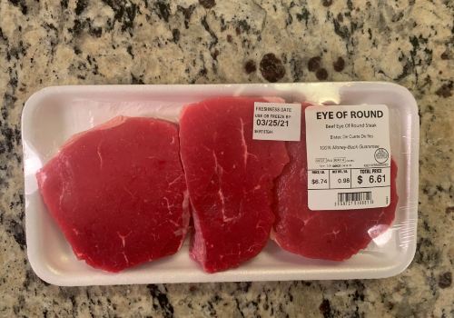 Packaged eye of round steaks on a kitchen counter