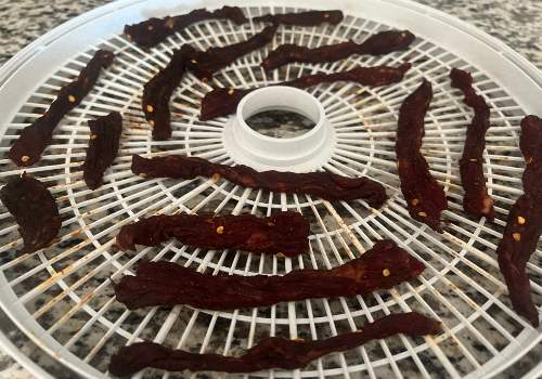 Dried chili garlic jerky strips spaced on a white tray