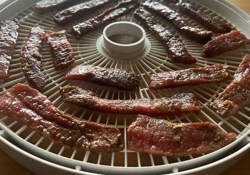 Marinated strips spaced around a round dehydrator tray