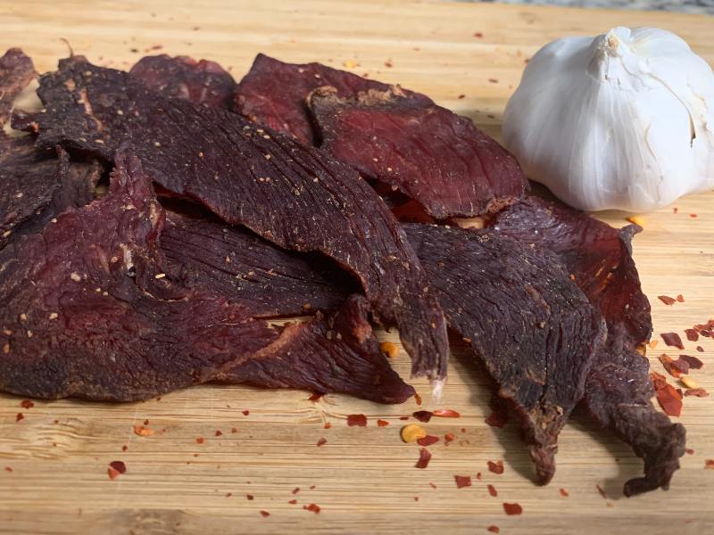 Duke's-style homemade beef jerky with garlic and crushed pepper