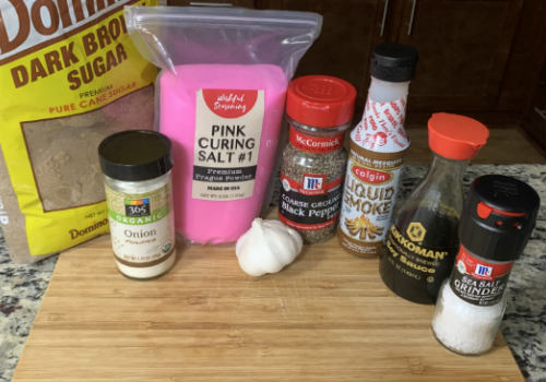 Brown sugar, garlic, soy sauce, liquid smoke, and seasonings for jerky
