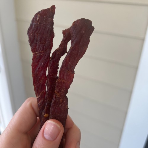 A hand holding a torn jerky strip with its fibers exposed