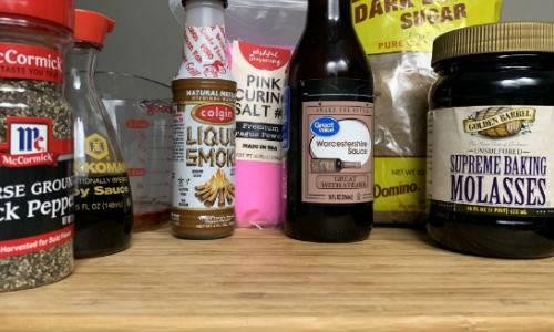 Molasses, brown sugar, soy sauce, Worcestershire sauce, and seasonings