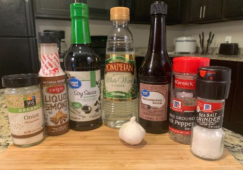 Soy sauce, liquid smoke, olive oil, garlic, and seasonings