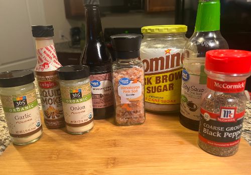 Brown sugar, soy sauce, Worcestershire sauce, and seasonings