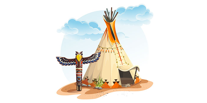 Illustration combining a tipi and a carved pole
