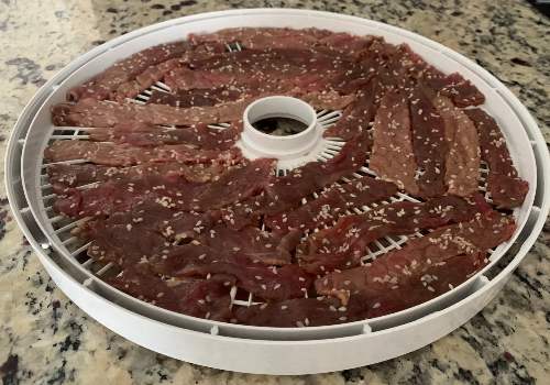 Sesame-coated beef strips on a round dehydrator tray