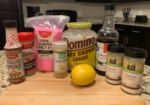 Lemon, brown sugar, sauces, and ground seasonings for salmon jerky
