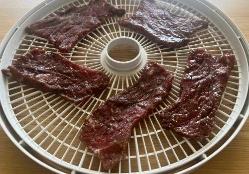 Wide marinated beef slices on a round dehydrator tray