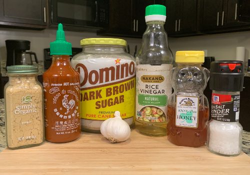 Sriracha, honey, brown sugar, rice vinegar, garlic and seasonings