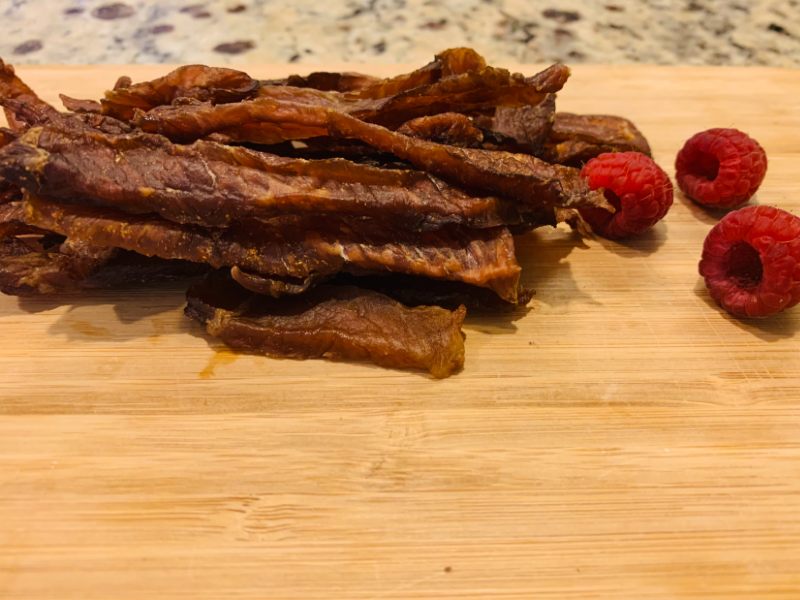 First round of Jerky in my Dehydrator. Pork tenderloin with a Soy, honey,  and spicy pepper base. Run for about 8 hrs at 165°F. Flavor was good but  texture was a little