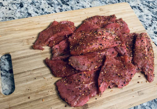 Beef mixed with seasoning (Grill Mates Brown Sugar Bourbon), before dehydration