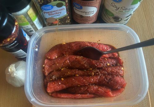 Marinating the Beef for Wild Bills recipe