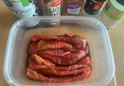 Mixing the marinade and the beef for Low Sodium Jerky