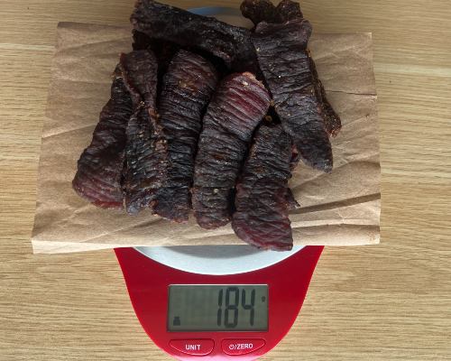 Weighing Carolina Reaper Beef Jerky after cooking in grams